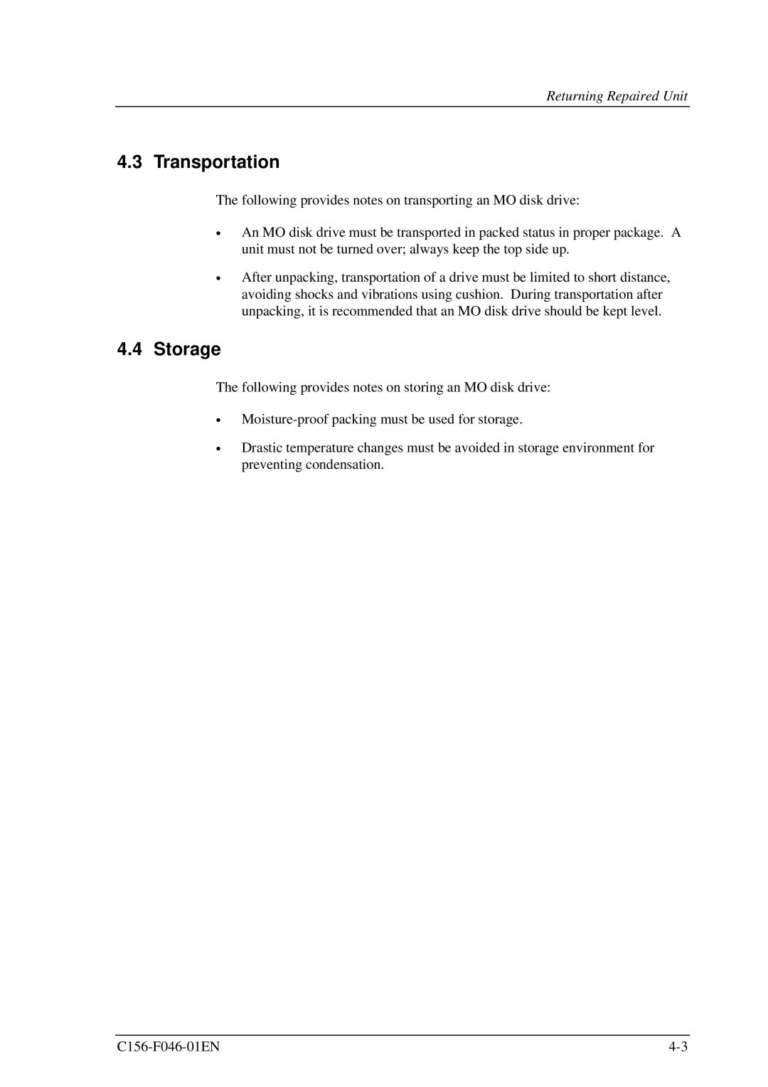 Fujitsu MDG3130UB, MDG3064UB manual Transportation, Storage 