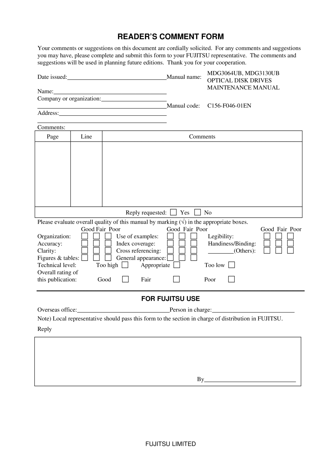 Fujitsu MDG3130UB, MDG3064UB manual READER’S Comment Form 