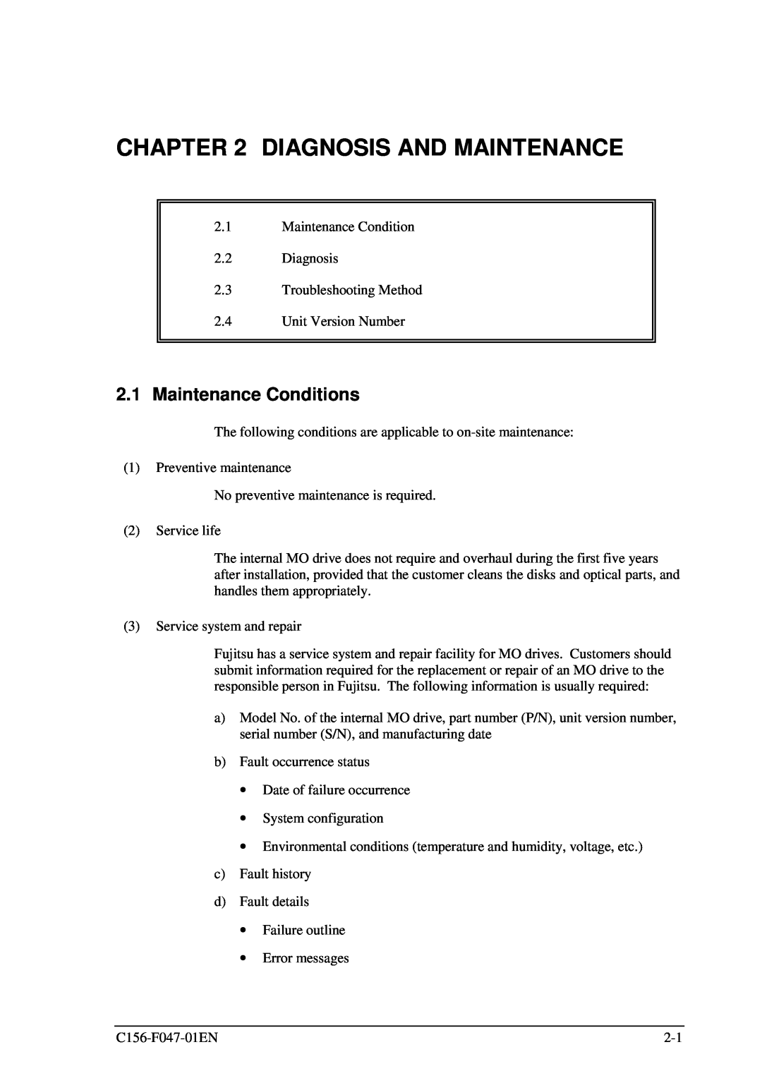 Fujitsu MDG3230UB manual Diagnosis And Maintenance, Maintenance Conditions 