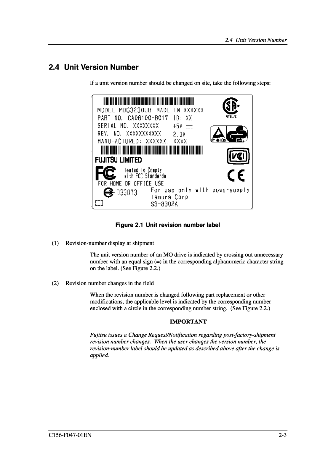 Fujitsu MDG3230UB manual Unit Version Number, 1 Unit revision number label 
