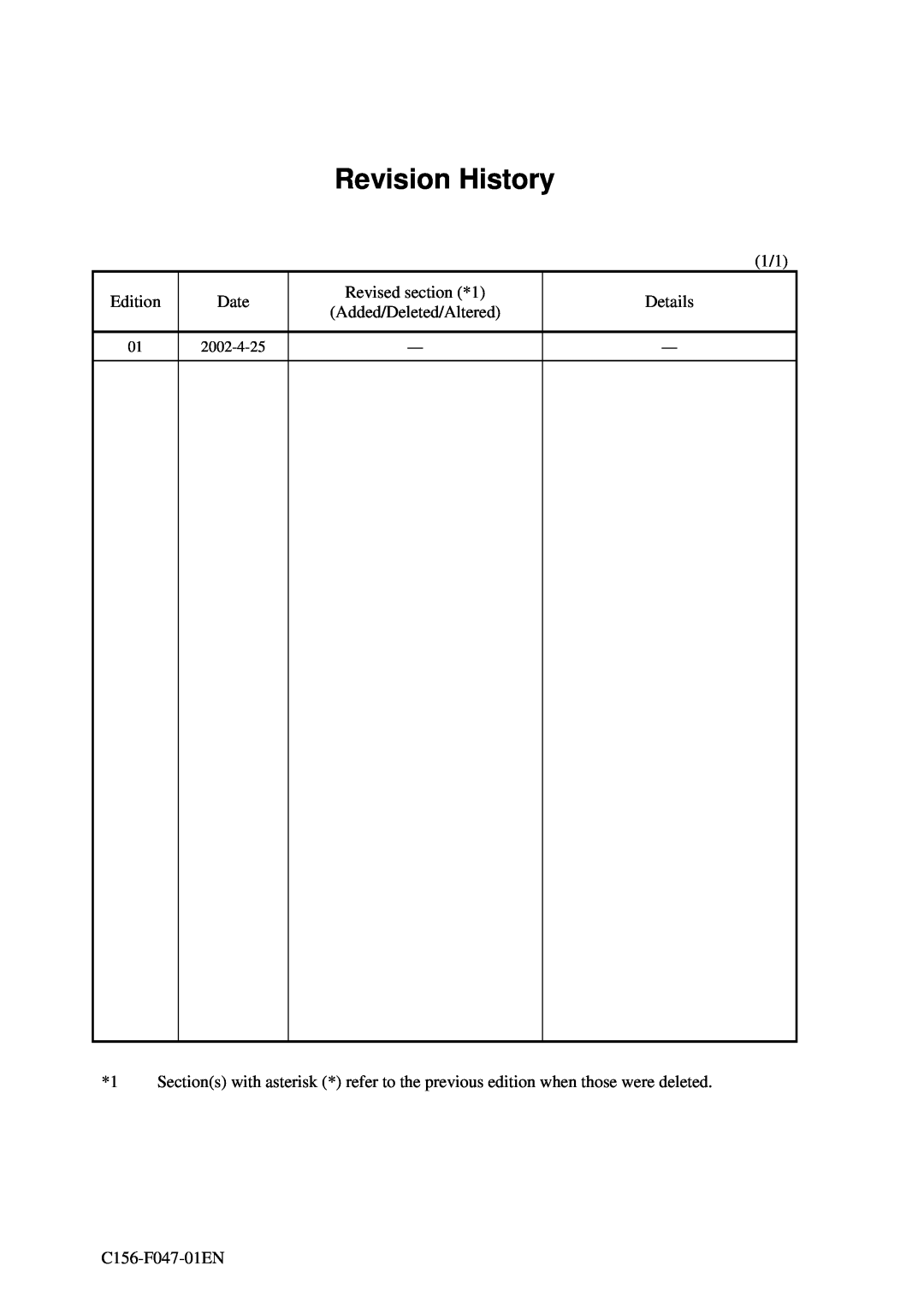 Fujitsu MDG3230UB Revision History, Edition, Date, Revised section *1, Details, Added/Deleted/Altered, C156-F047-01EN 