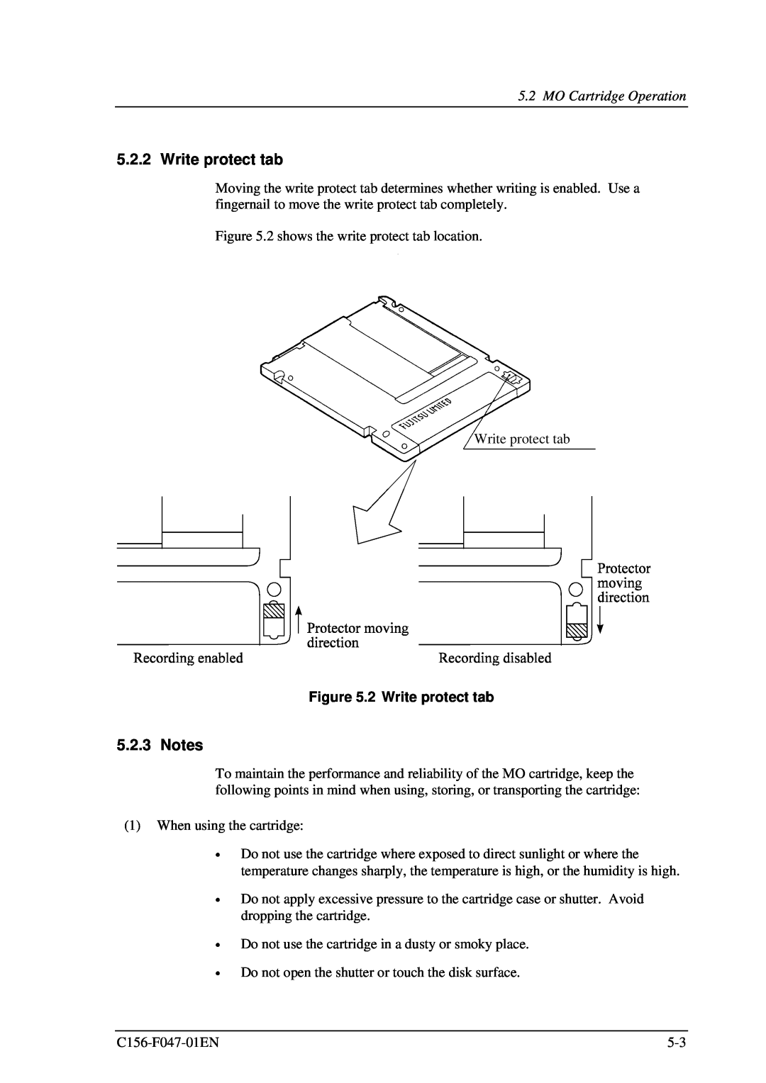 Fujitsu MDG3230UB manual Notes, MO Cartridge Operation, 2 Write protect tab 