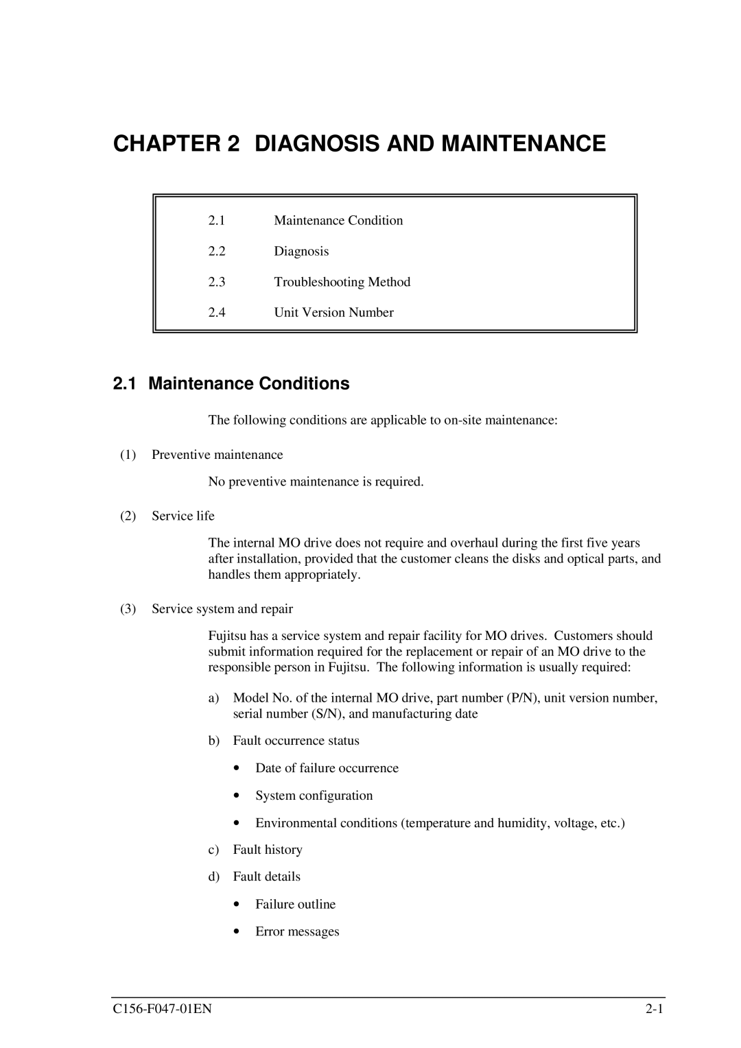 Fujitsu MDG3230UB manual Diagnosis and Maintenance, Maintenance Conditions 