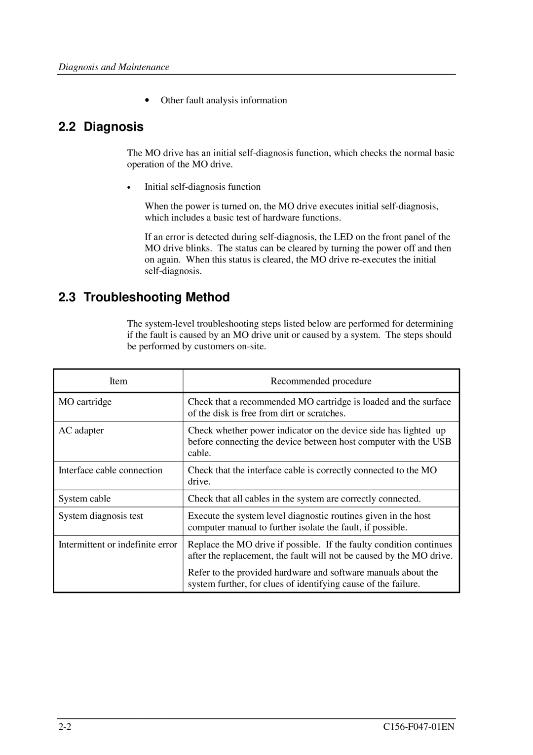 Fujitsu MDG3230UB manual Diagnosis, Troubleshooting Method 