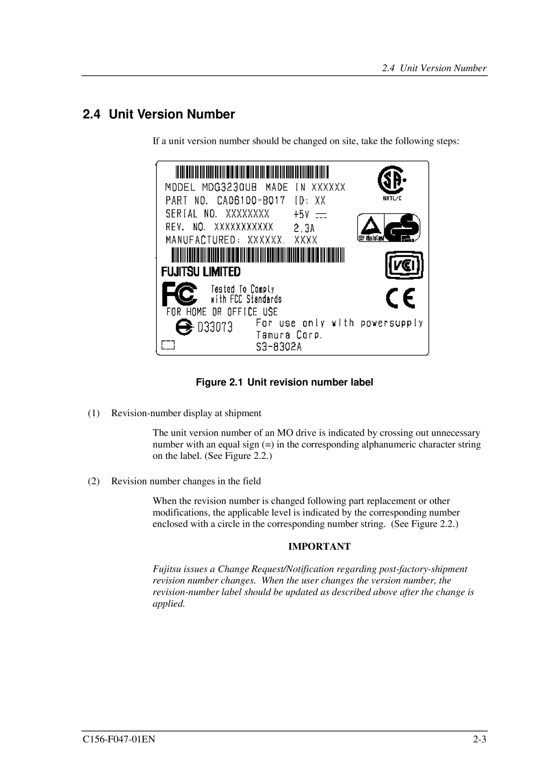 Fujitsu MDG3230UB manual Unit Version Number, Unit revision number label 