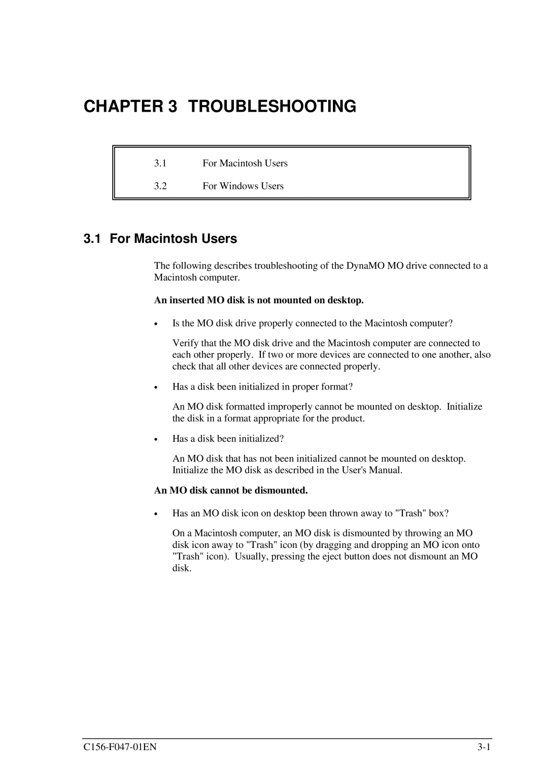 Fujitsu MDG3230UB manual Troubleshooting, For Macintosh Users 