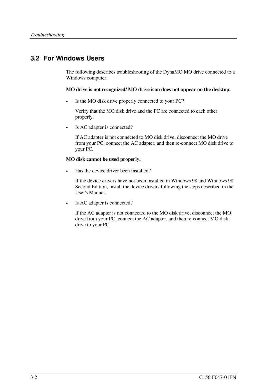 Fujitsu MDG3230UB manual For Windows Users, MO disk cannot be used properly 