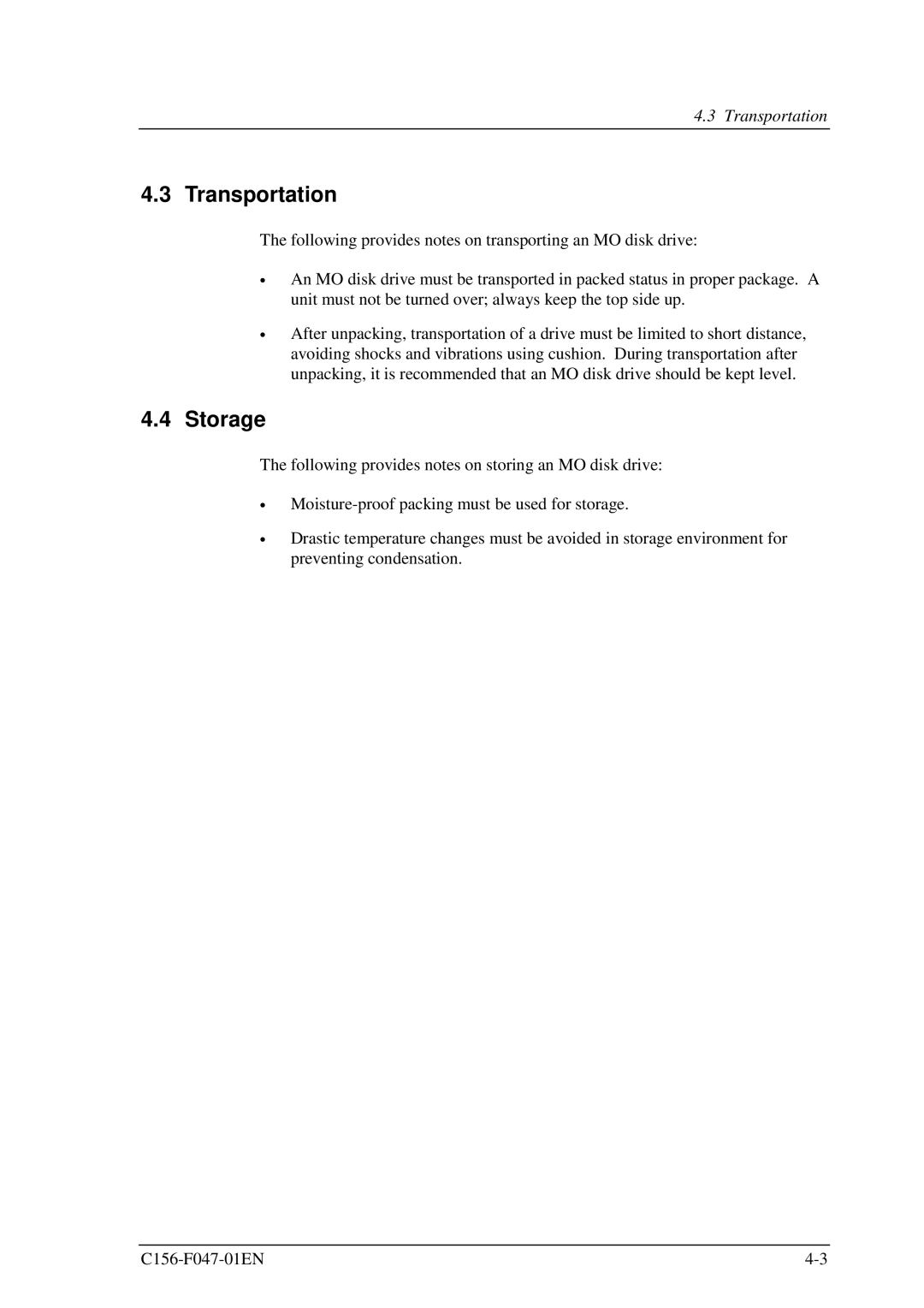 Fujitsu MDG3230UB manual Transportation, Storage 