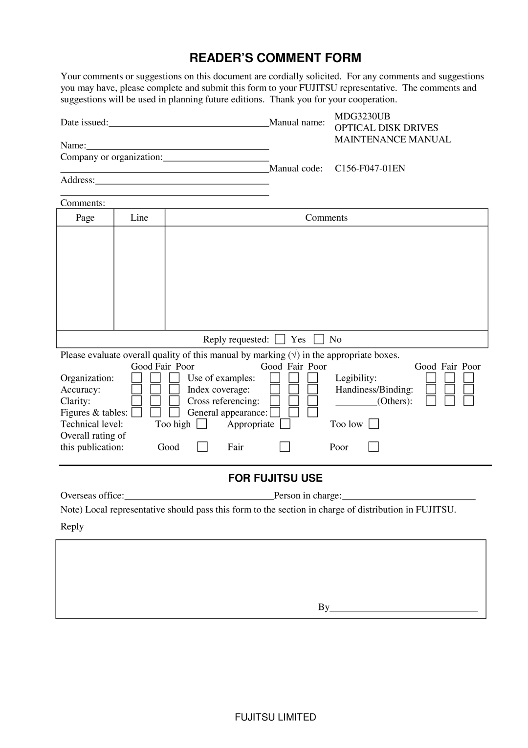 Fujitsu MDG3230UB manual READER’S Comment Form 