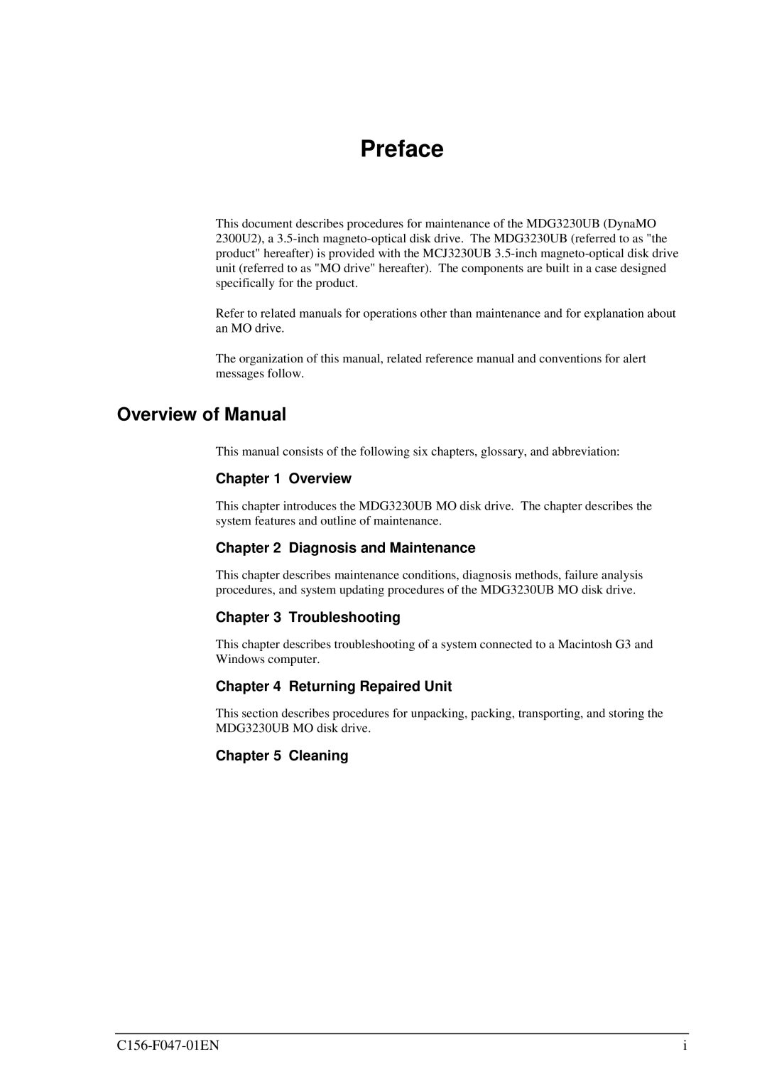 Fujitsu MDG3230UB manual Preface, Overview of Manual 