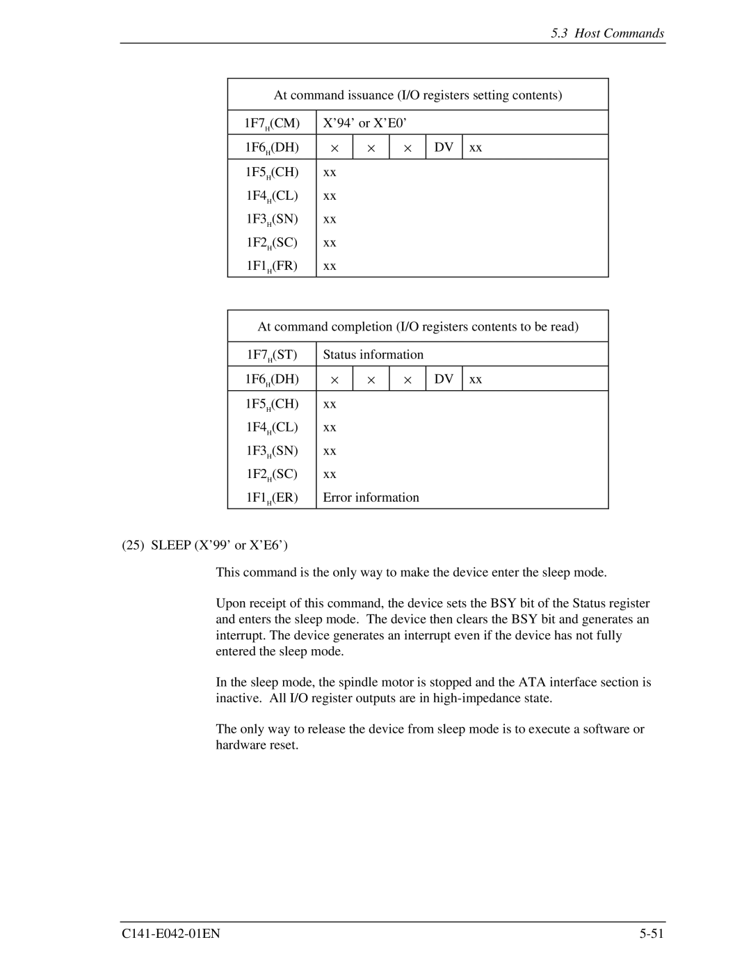 Fujitsu MHA2021AT, MHA2032AT manual At command issuance I/O registers setting contents 1F7 HCM 