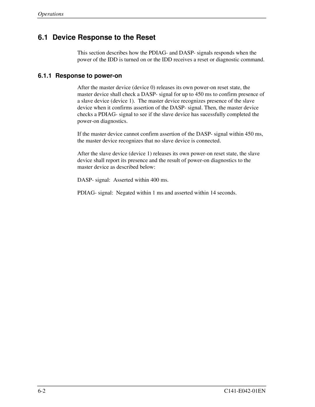 Fujitsu MHA2032AT, MHA2021AT manual Device Response to the Reset, Response to power-on 