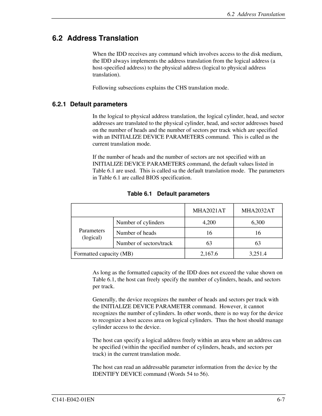 Fujitsu MHA2021AT, MHA2032AT manual Address Translation, Default parameters 