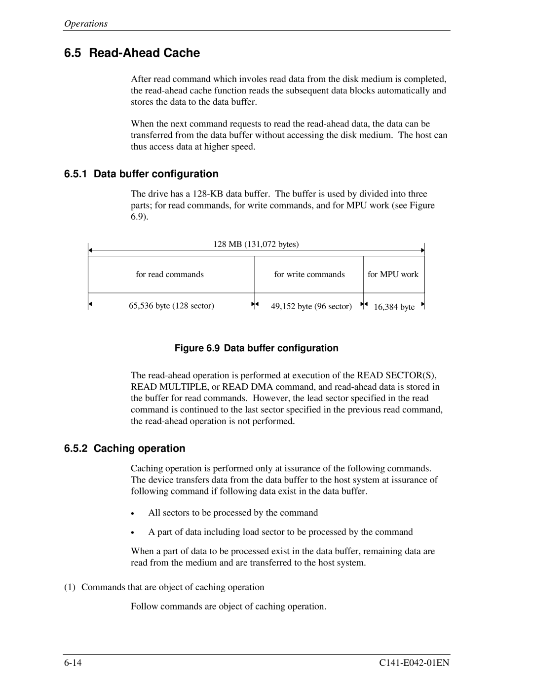 Fujitsu MHA2032AT, MHA2021AT manual Read-Ahead Cache, Data buffer configuration, Caching operation 