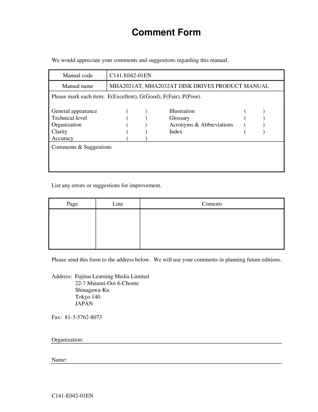 Fujitsu manual Comment Form, MHA2021AT, MHA2032AT Disk Drives Product Manual, Japan 