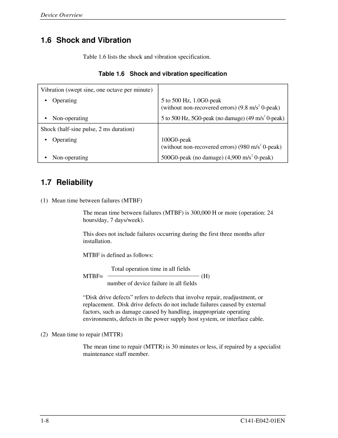 Fujitsu MHA2021AT, MHA2032AT manual Shock and Vibration, Reliability, Shock and vibration specification, Mtbf= 