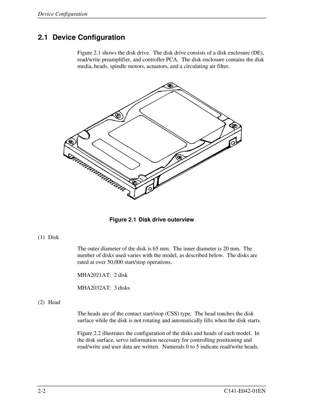 Fujitsu MHA2032AT, MHA2021AT manual Device Configuration, Disk drive outerview 