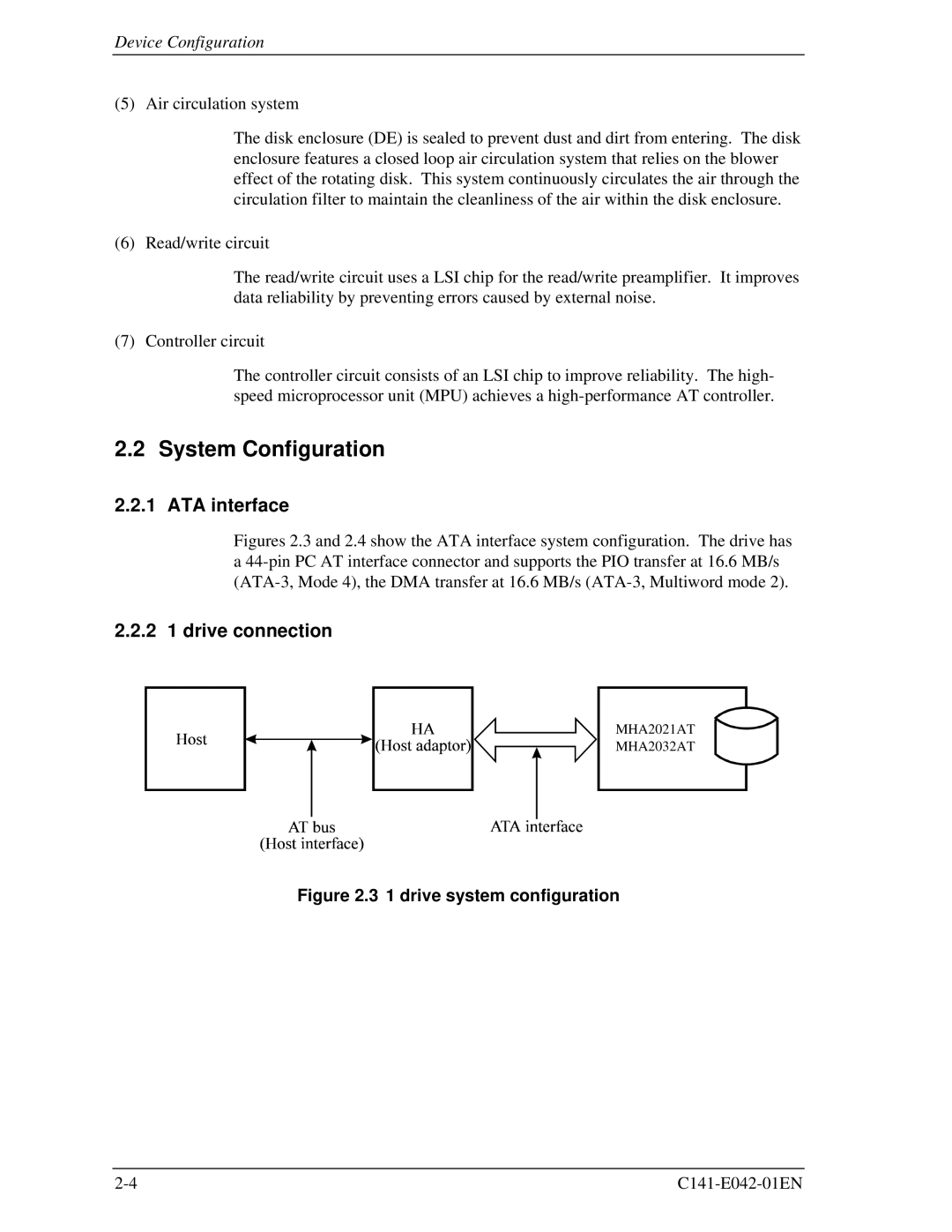 Fujitsu MHA2032AT, MHA2021AT manual System Configuration, ATA interface, 2 1 drive connection 