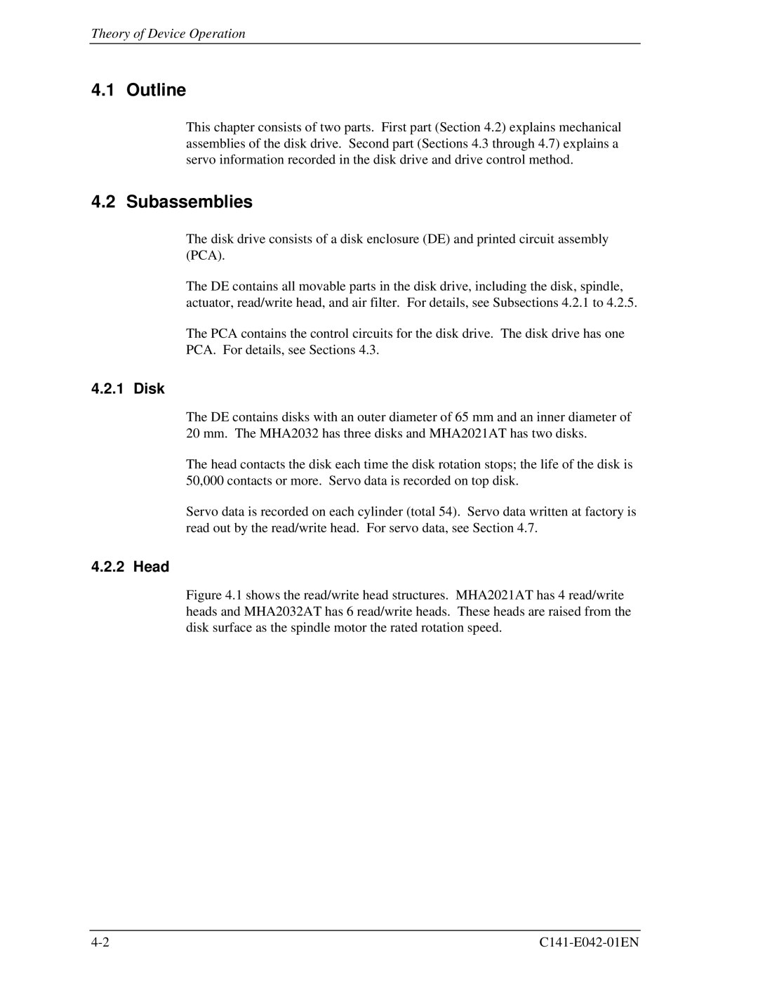 Fujitsu MHA2021AT, MHA2032AT manual Outline, Subassemblies, Disk, Head 