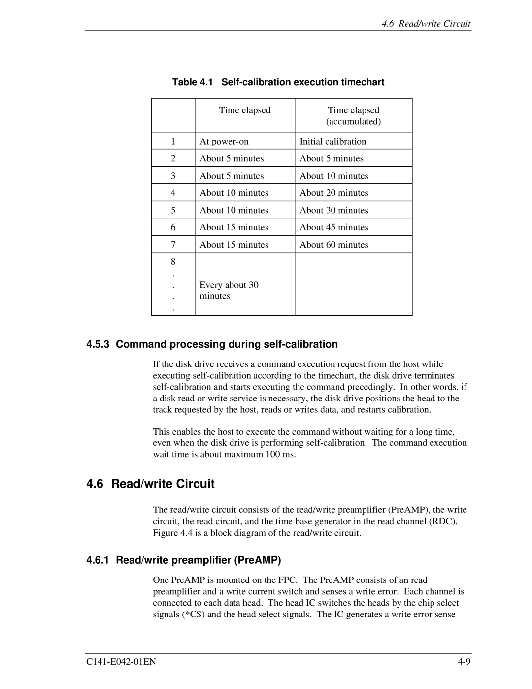 Fujitsu MHA2032AT manual Read/write Circuit, Command processing during self-calibration, Read/write preamplifier PreAMP 