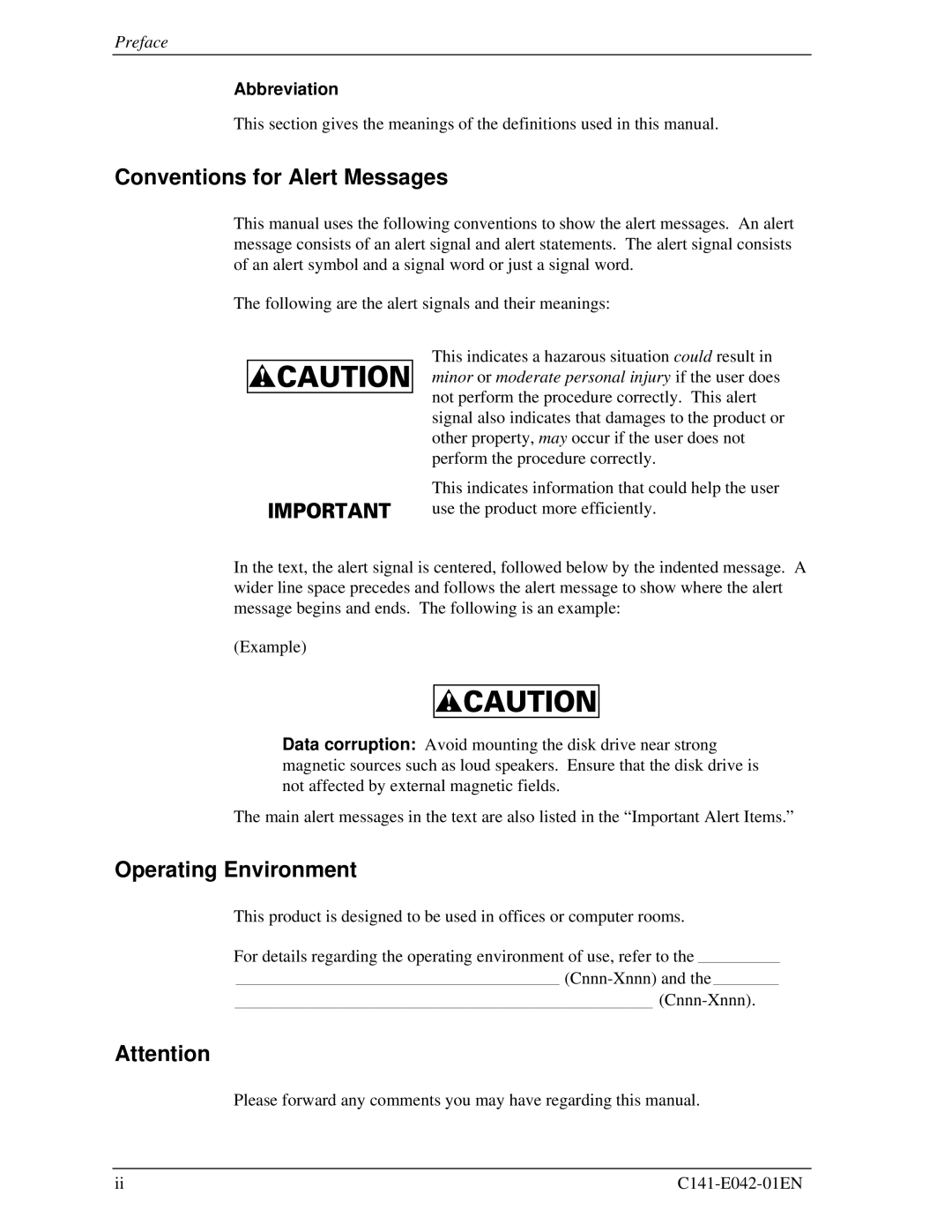 Fujitsu MHA2032AT, MHA2021AT manual Conventions for Alert Messages, Operating Environment, Abbreviation 