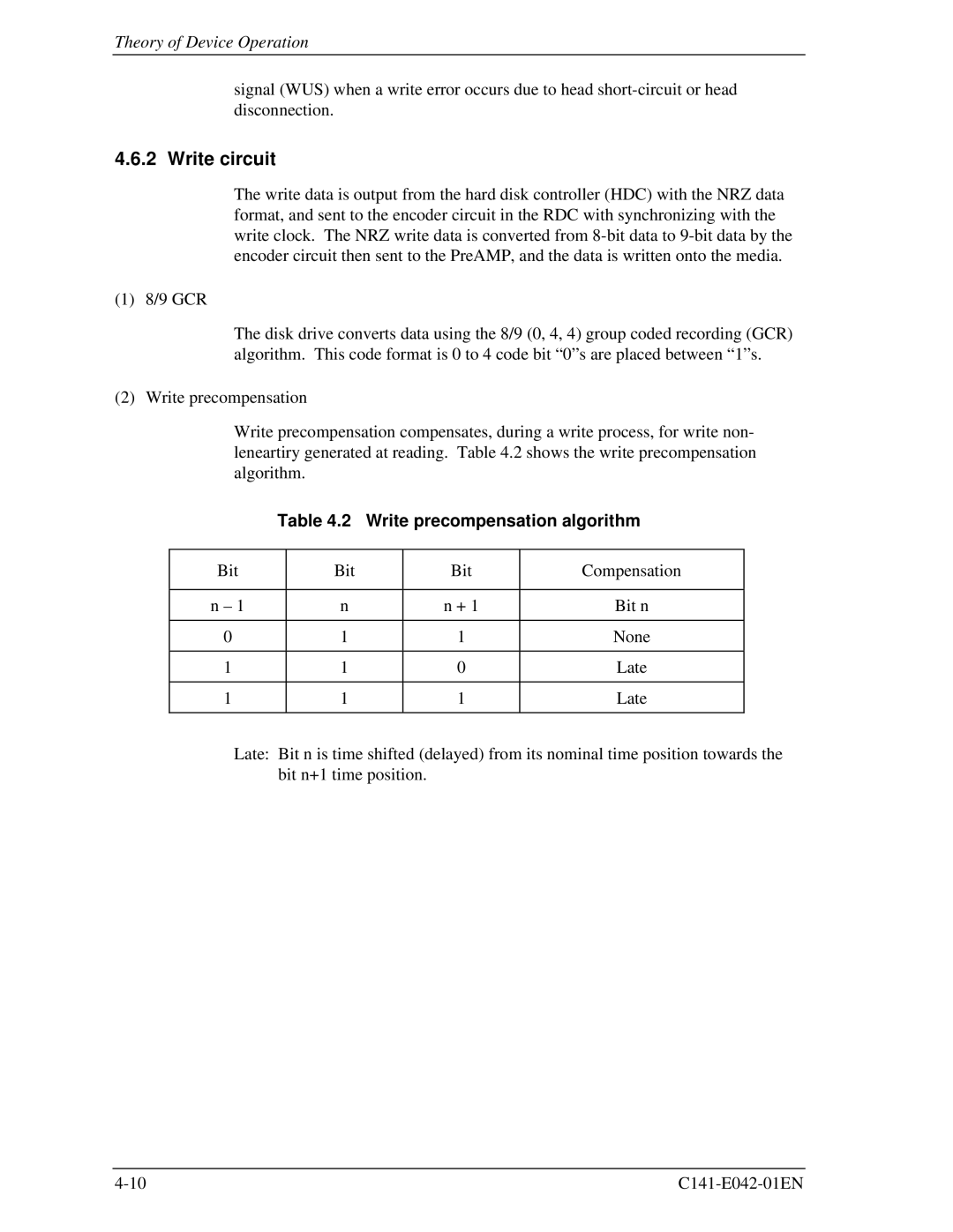 Fujitsu MHA2021AT, MHA2032AT manual Write circuit, Write precompensation algorithm 