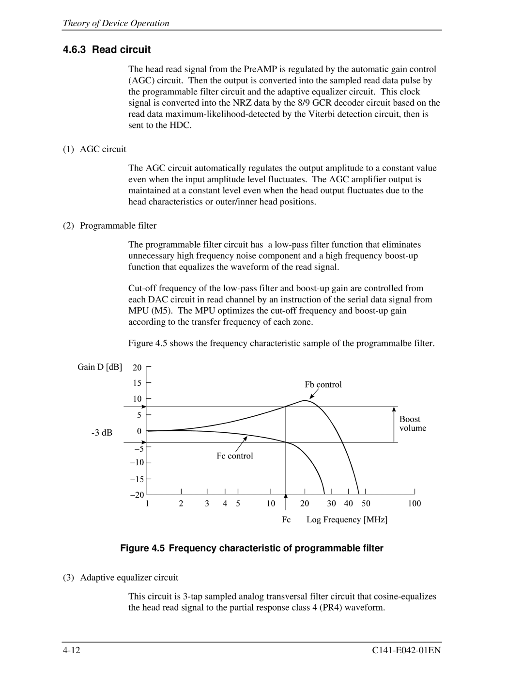 Fujitsu MHA2021AT, MHA2032AT manual Read circuit, Frequency characteristic of programmable filter 