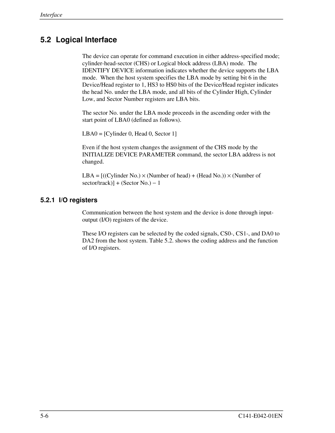 Fujitsu MHA2032AT, MHA2021AT manual Logical Interface, 1 I/O registers 