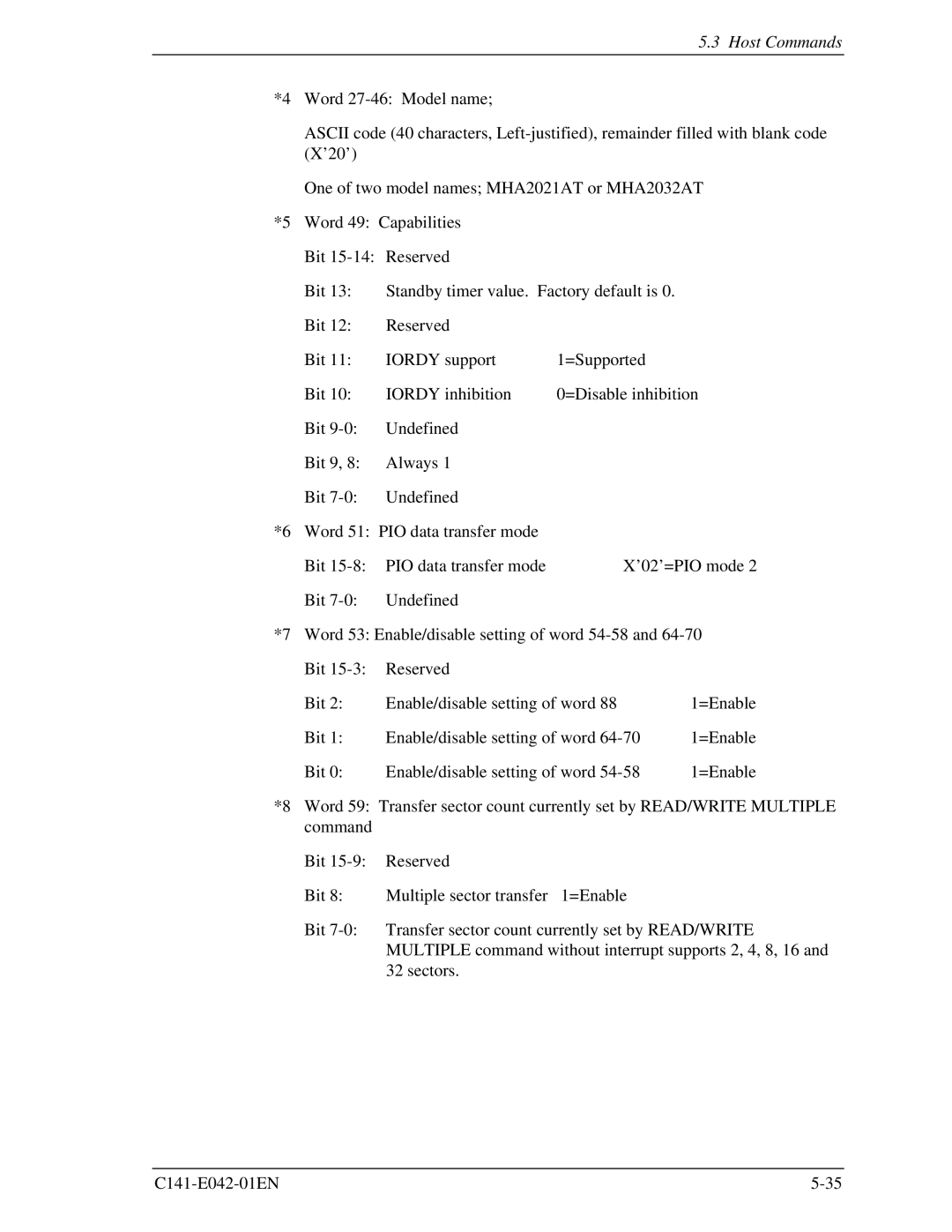 Fujitsu MHA2021AT, MHA2032AT manual Host Commands 