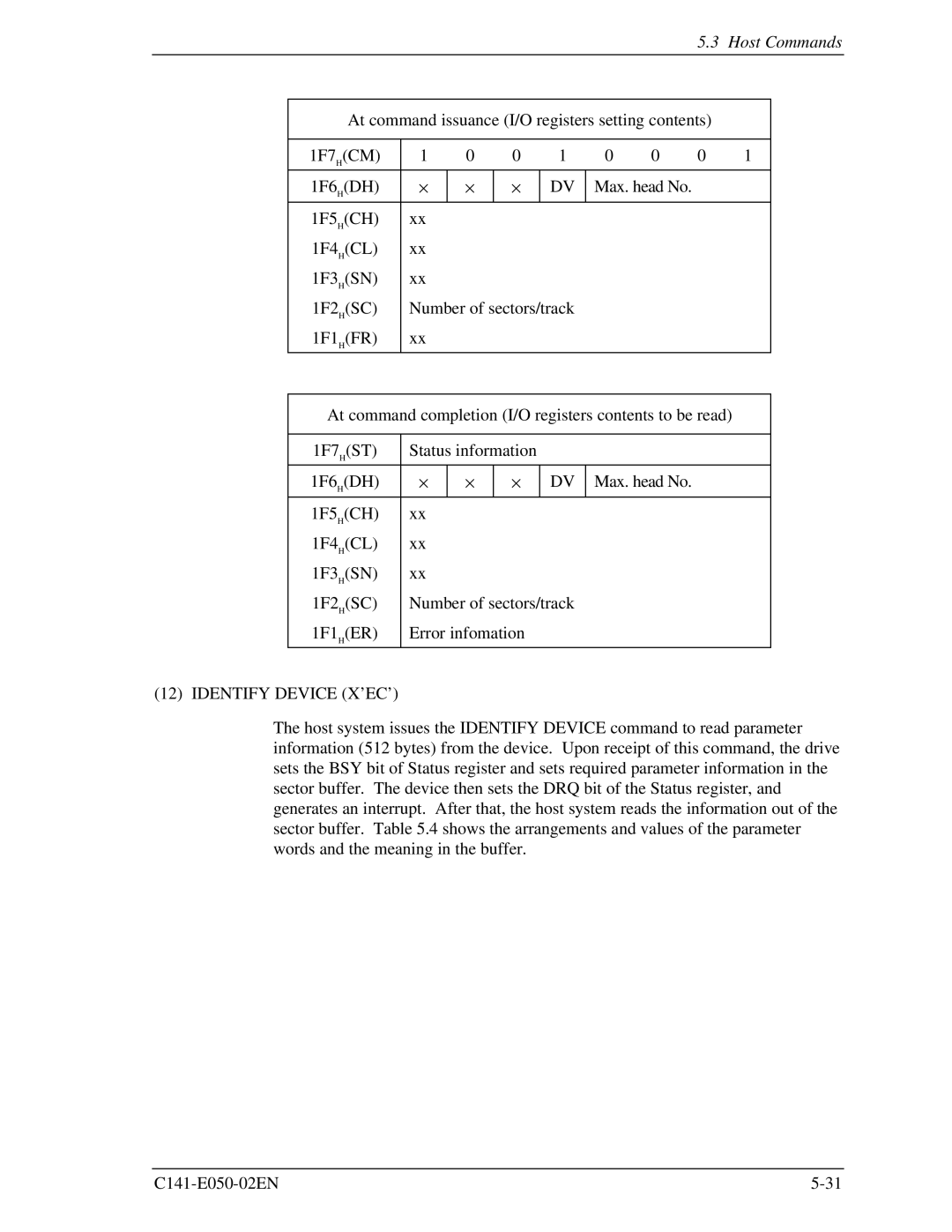 Fujitsu MHC2040AT, MHC2032AT, MHD2021AT, MHD2032AT manual Identify Device X’EC’ 