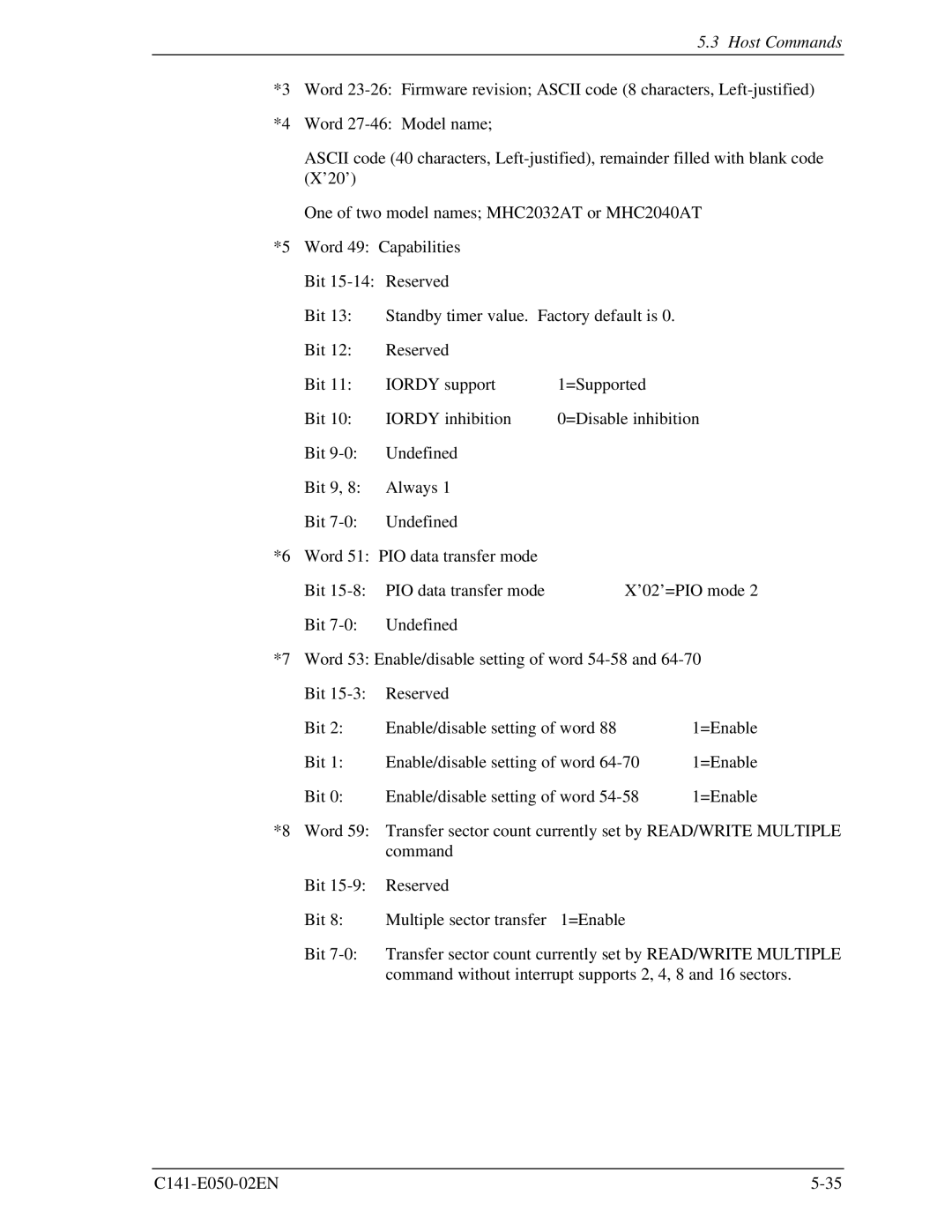 Fujitsu MHC2040AT, MHC2032AT, MHD2021AT, MHD2032AT manual Command Bit Reserved Multiple sector transfer =Enable 