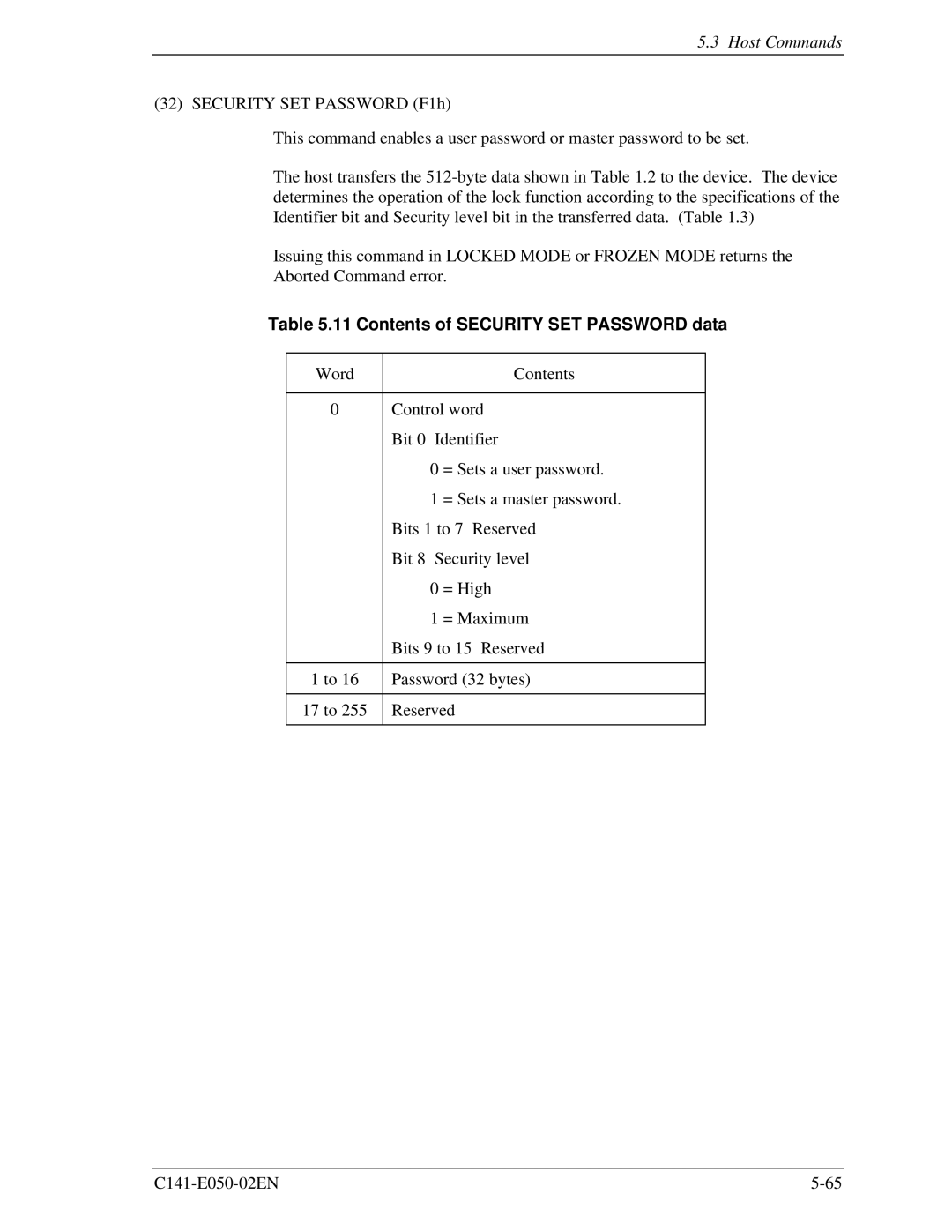 Fujitsu MHC2032AT, MHD2021AT, MHC2040AT, MHD2032AT manual Contents of Security SET Password data 