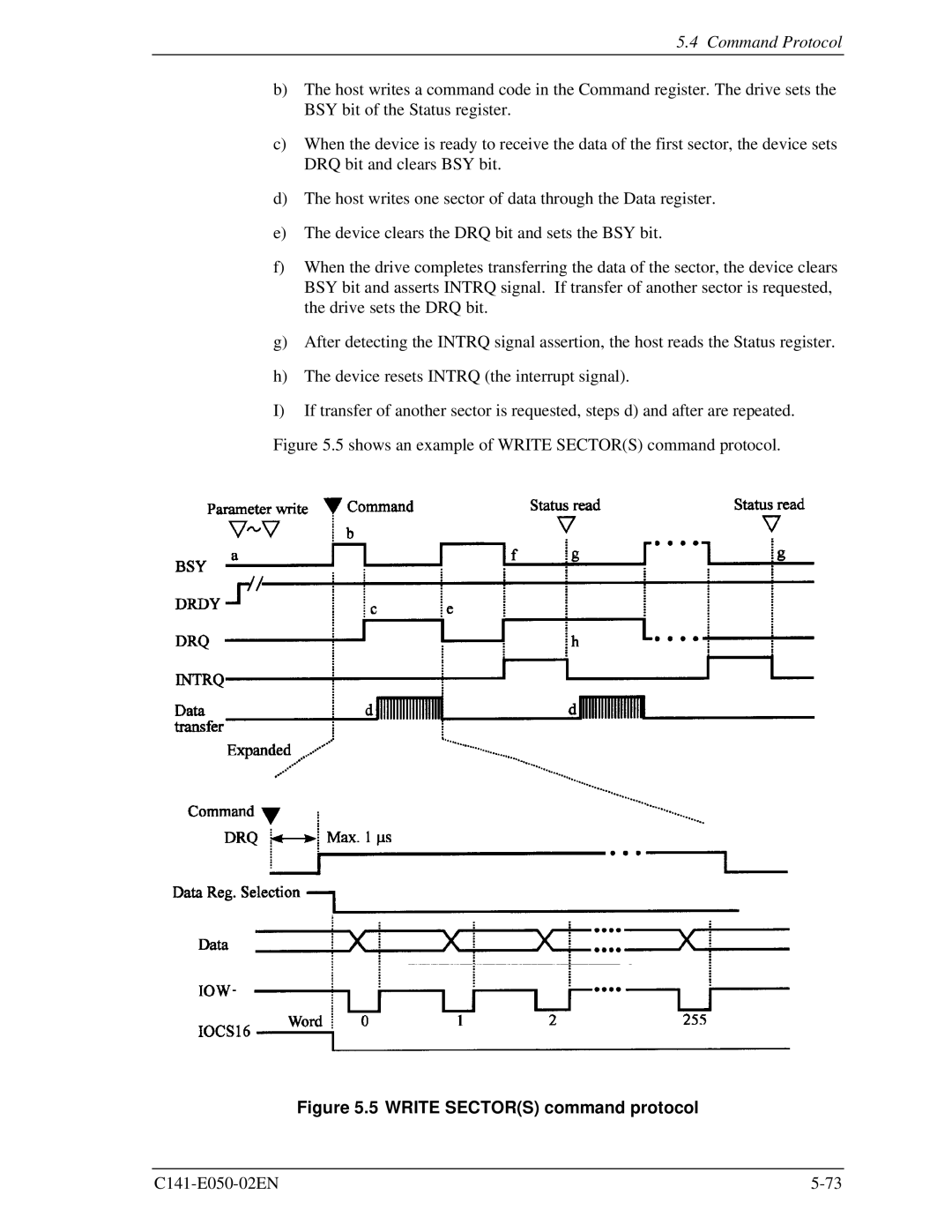 Fujitsu MHC2032AT, MHD2021AT, MHC2040AT, MHD2032AT manual Write Sectors command protocol 