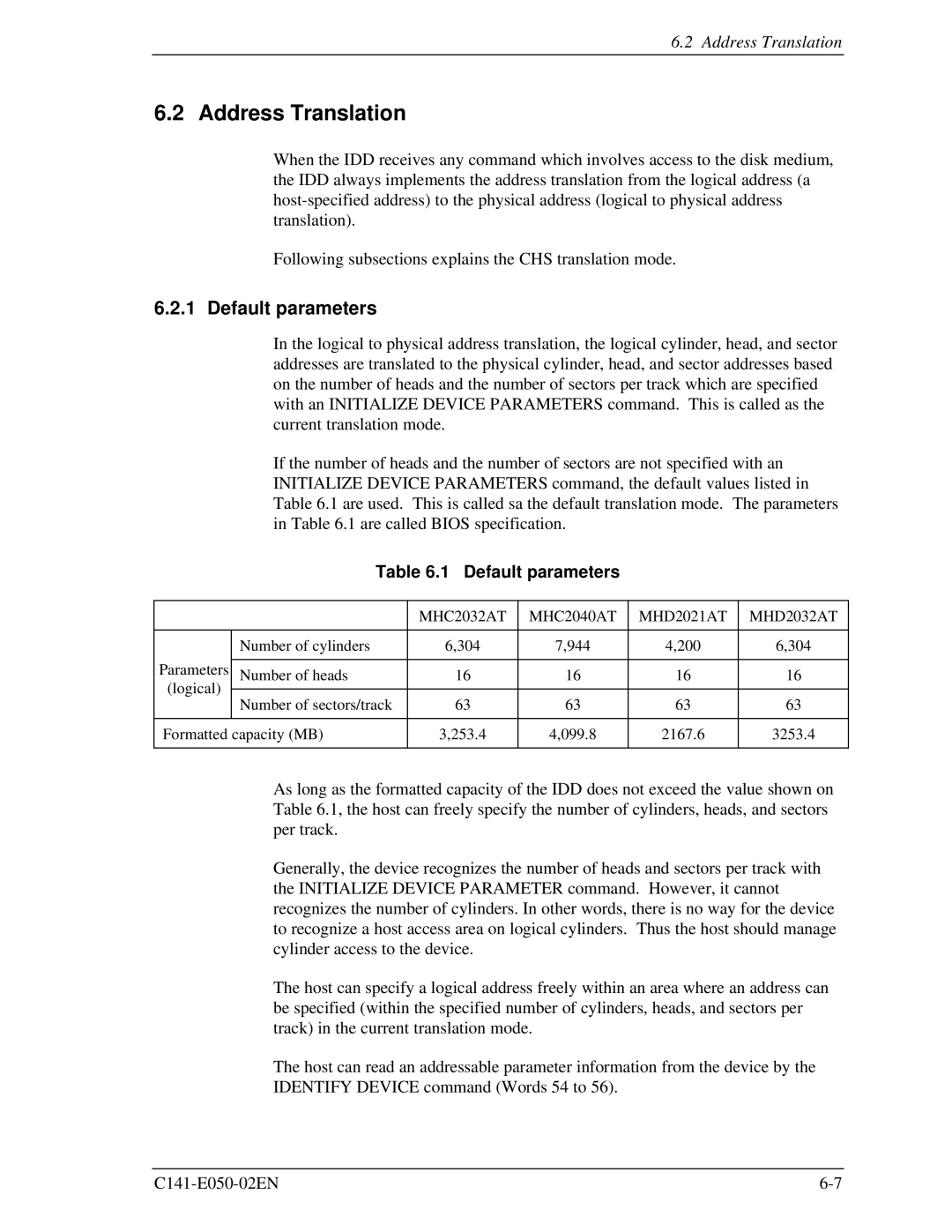 Fujitsu MHC2040AT, MHC2032AT, MHD2021AT, MHD2032AT manual Address Translation, Default parameters 