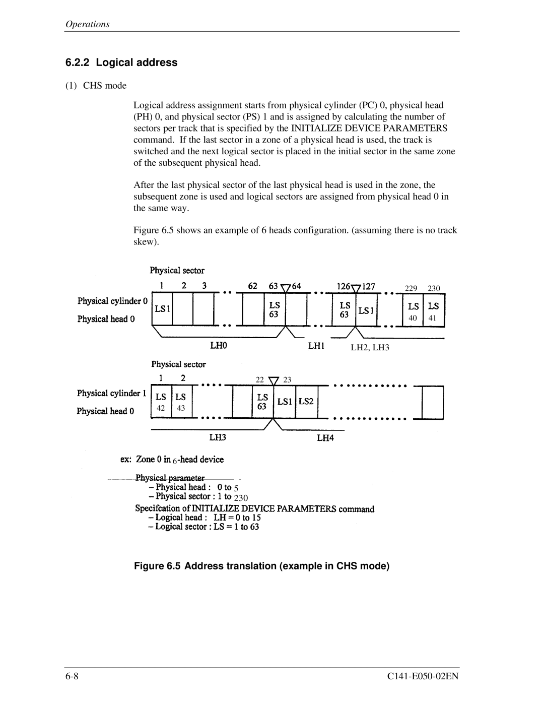 Fujitsu MHD2032AT, MHC2032AT, MHD2021AT, MHC2040AT manual Logical address, Address translation example in CHS mode 