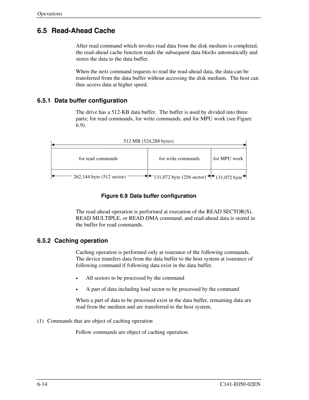 Fujitsu MHD2021AT, MHC2032AT, MHC2040AT, MHD2032AT manual Read-Ahead Cache, Data buffer configuration, Caching operation 