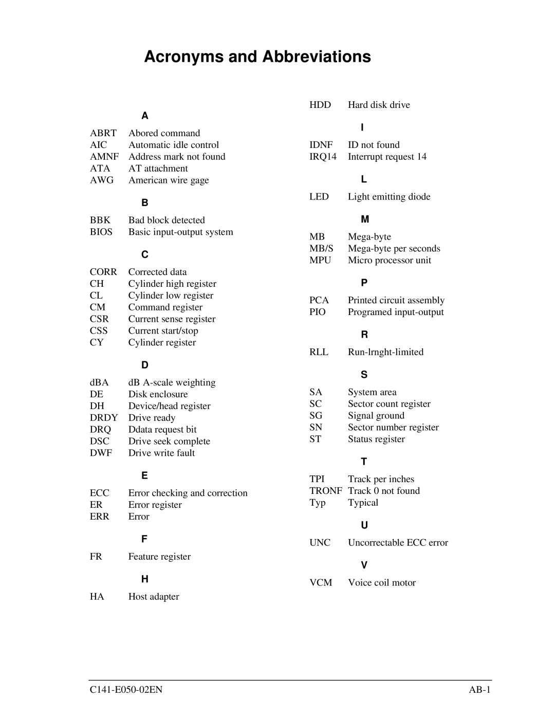 Fujitsu MHC2032AT, MHD2021AT, MHC2040AT, MHD2032AT manual Acronyms and Abbreviations 