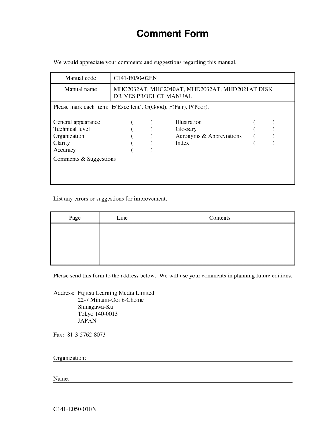 Fujitsu manual Comment Form, MHC2032AT, MHC2040AT, MHD2032AT, MHD2021AT Disk, Drives Product Manual, Japan 