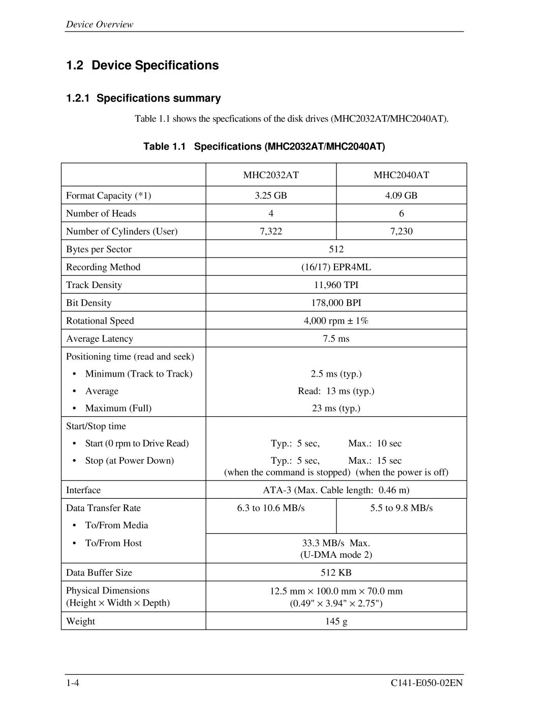 Fujitsu MHD2032AT Device Specifications, Specifications summary, Specifications MHC2032AT/MHC2040AT, MHC2032AT MHC2040AT 