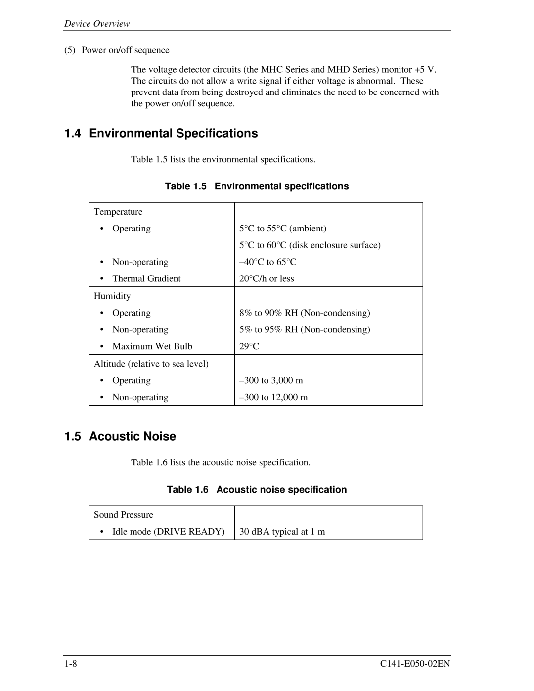 Fujitsu MHD2032AT Environmental Specifications, Acoustic Noise, Environmental specifications, Acoustic noise specification 