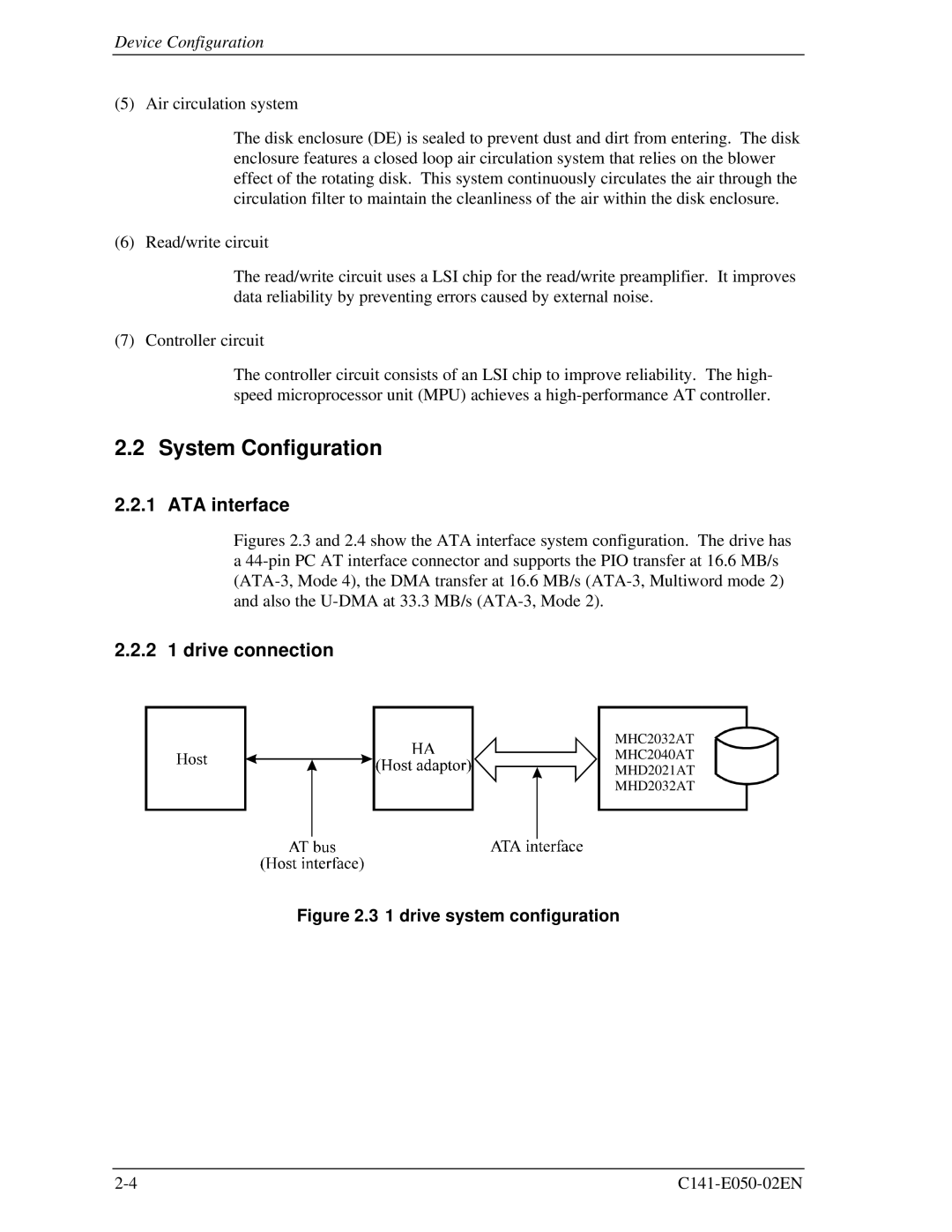 Fujitsu MHD2021AT, MHC2032AT, MHC2040AT, MHD2032AT manual System Configuration, ATA interface, 2 1 drive connection 