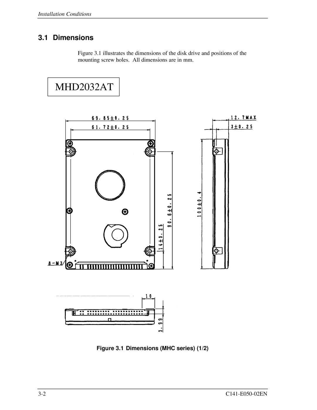 Fujitsu MHD2021AT, MHC2032AT, MHC2040AT, MHD2032AT manual Dimensions MHC series 1/2 