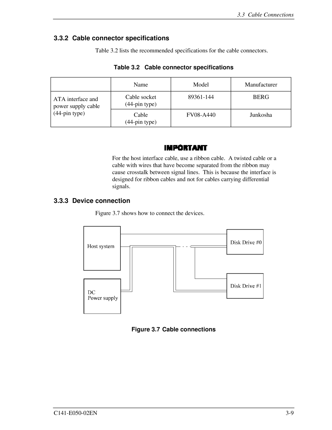 Fujitsu MHC2032AT, MHD2021AT, MHC2040AT, MHD2032AT manual Cable connector specifications, Device connection, Berg 