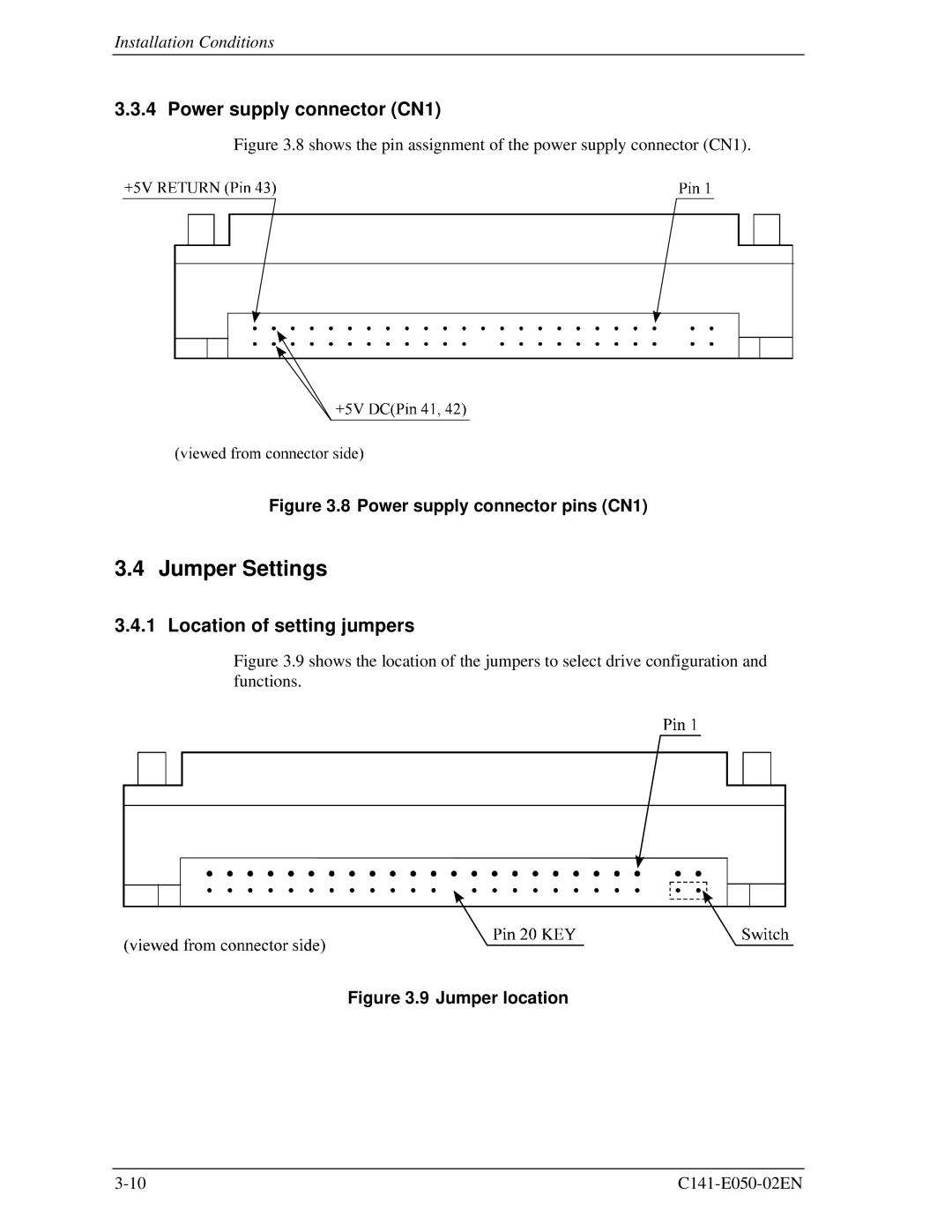 Fujitsu MHD2021AT, MHC2032AT, MHC2040AT, MHD2032AT Jumper Settings, Power supply connector CN1, Location of setting jumpers 