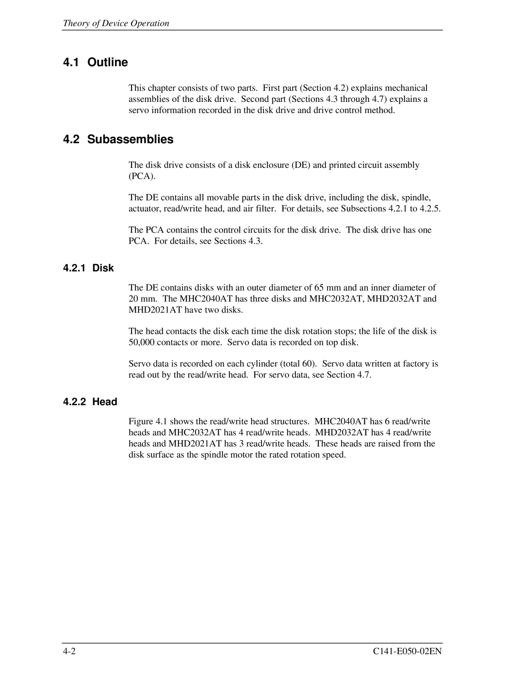 Fujitsu MHD2032AT, MHC2032AT, MHD2021AT, MHC2040AT manual Outline, Subassemblies, Disk, Head 