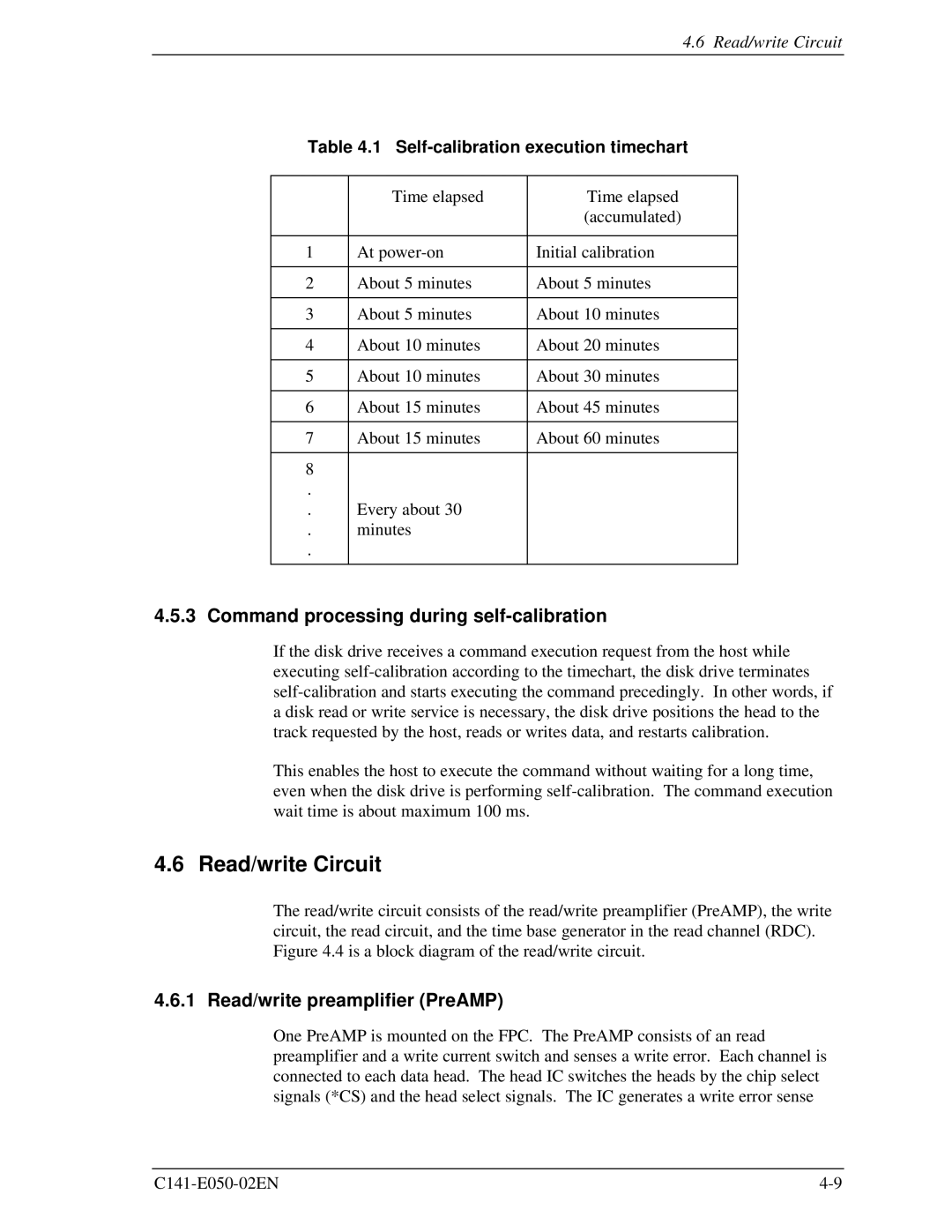 Fujitsu MHC2040AT manual Read/write Circuit, Command processing during self-calibration, Read/write preamplifier PreAMP 