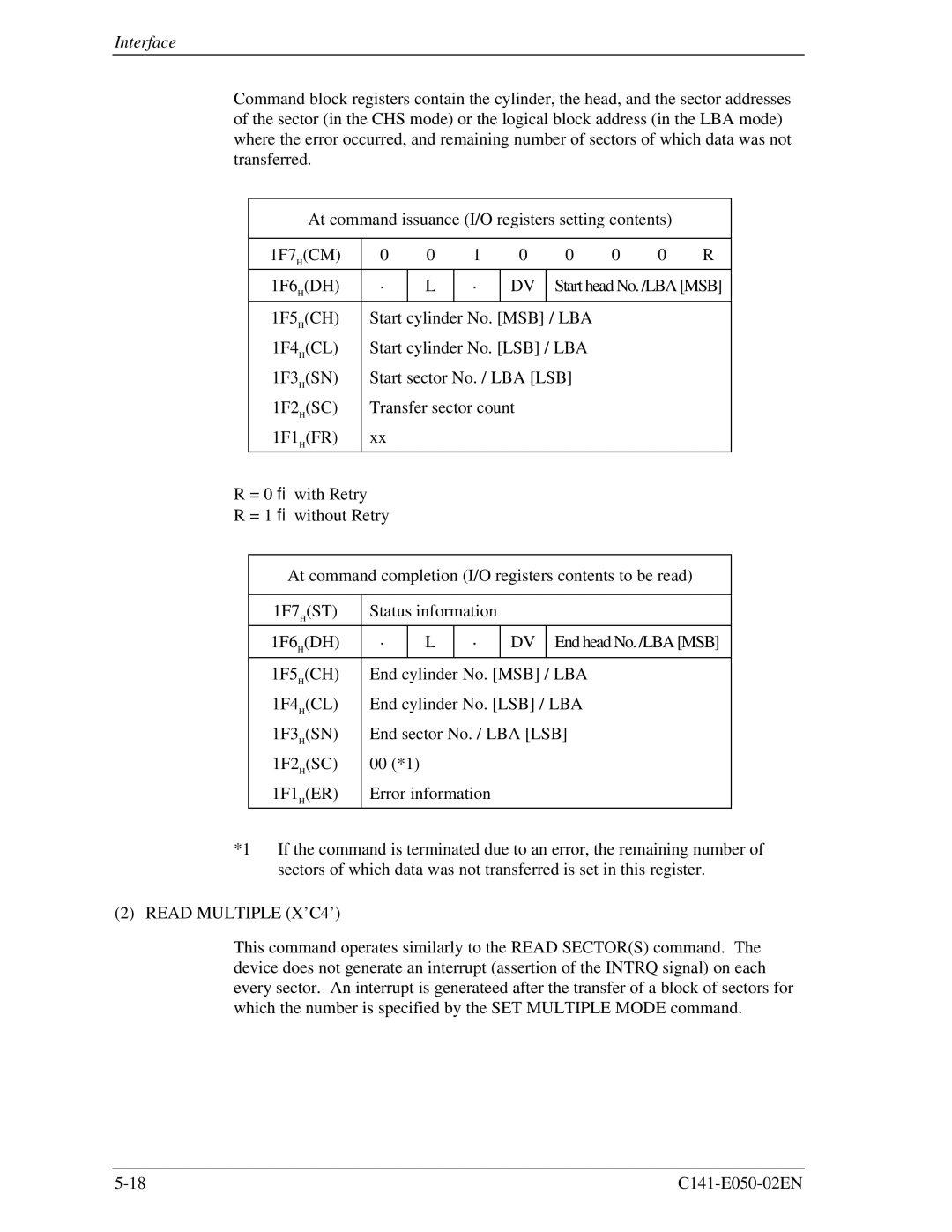 Fujitsu MHD2021AT, MHC2032AT, MHC2040AT, MHD2032AT manual Read Multiple X’C4’ 