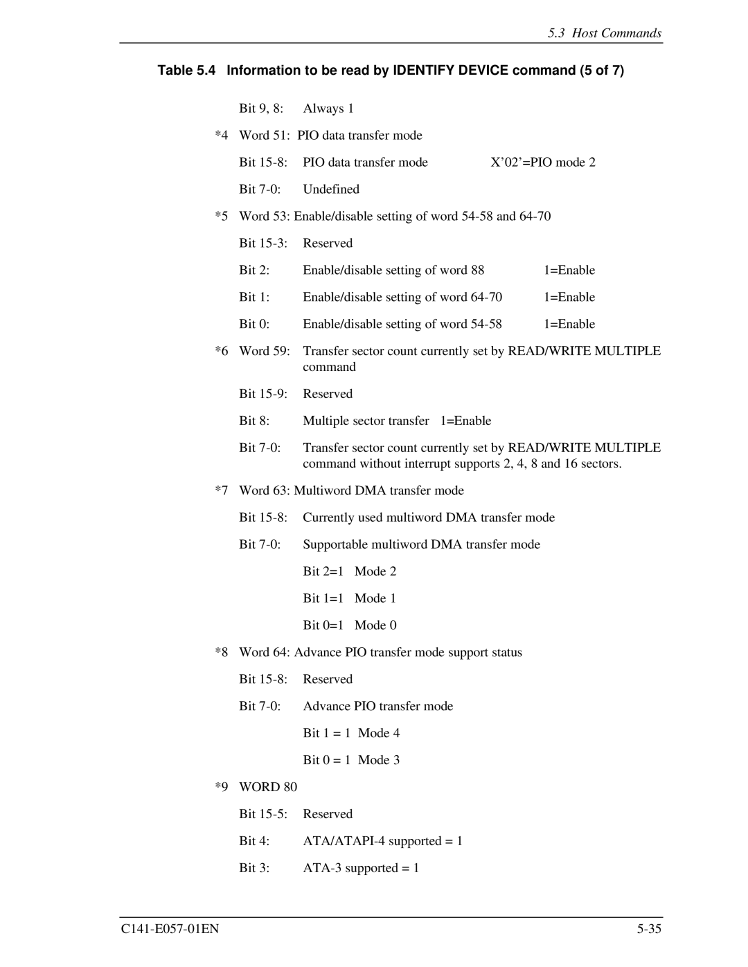 Fujitsu MHF2021AT, MHF2043AT, MHE2043AT, MHE2064AT manual Information to be read by Identify Device command 5 