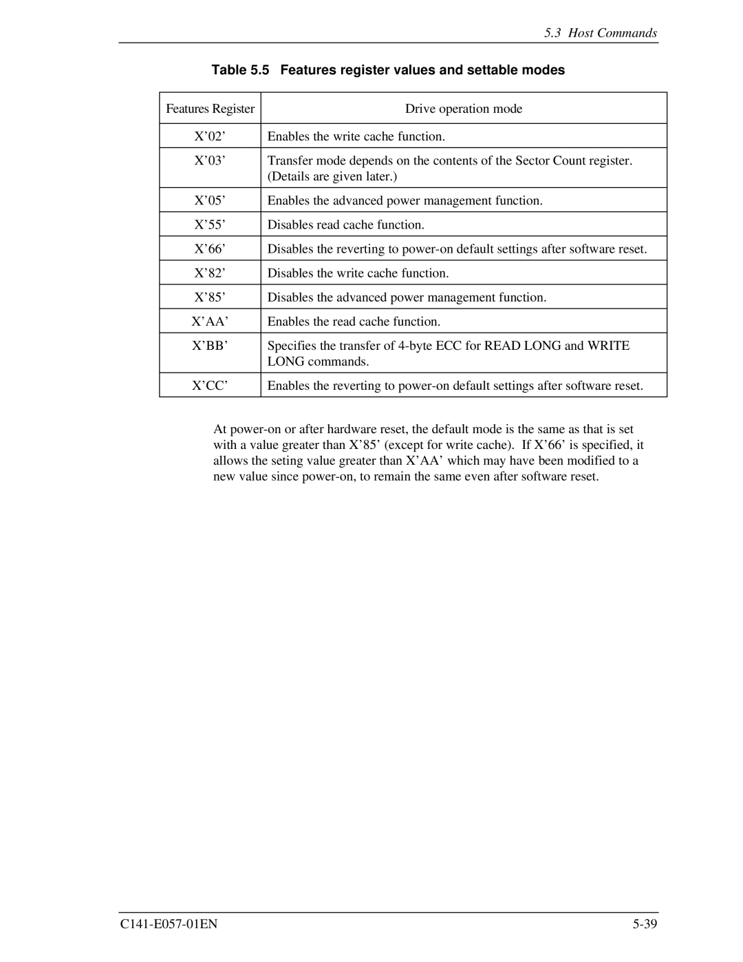 Fujitsu MHF2021AT, MHF2043AT, MHE2043AT, MHE2064AT manual Features register values and settable modes 