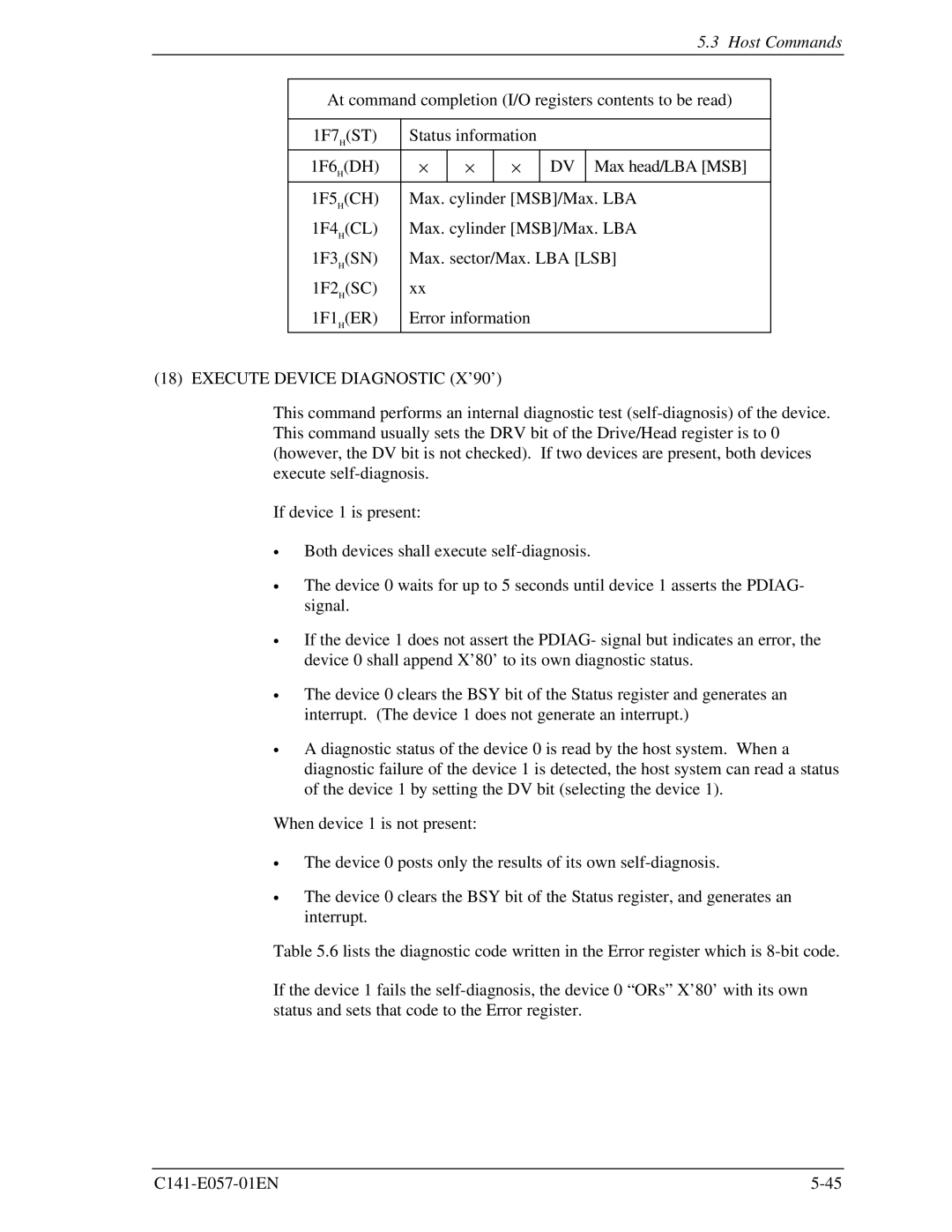 Fujitsu MHF2043AT, MHE2043AT, MHF2021AT, MHE2064AT manual Execute Device Diagnostic X’90’ 